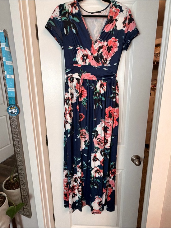 OUGES Dresses & Skirts - Navy Floral Wrap Maxi Dress with Pink Blooms